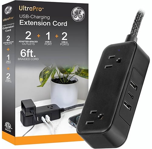 Regleta General Electric USB Charging Extension Cord – Negro – 1,8Mts