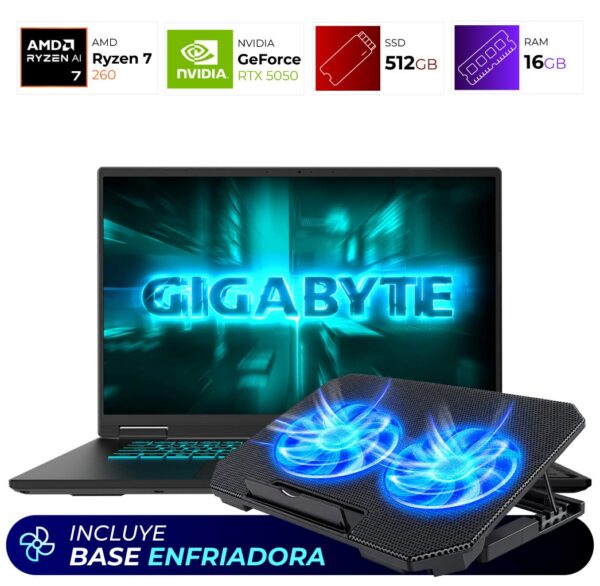 Combo Laptop + Base Enfriadora – Gigabyte Gaming A16 – AMD Ryzen 7 260 – 16GB – RTX 5050 – 512GB