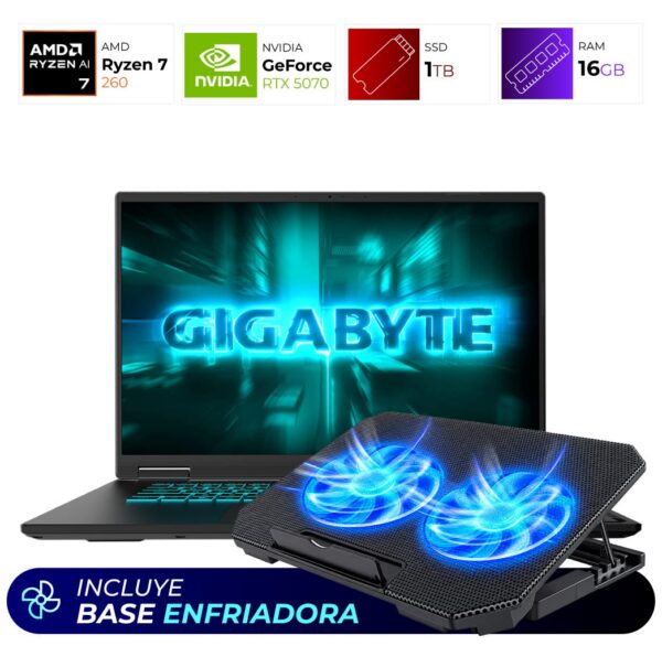 Combo Laptop + Base Enfriadora – Gigabyte Gaming A16 – AMD Ryzen 7-260 – 16GB – RTX 5070 – 1TB