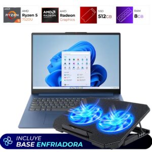 Combo Laptop + Base Enfriadora – Lenovo IdeaPad Slim 3 – AMD Ryzen 5 7520u – 8GB – 512GB – Abyss Blue
