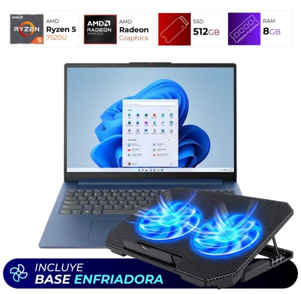Combo Laptop + Base Enfriadora – Lenovo IdeaPad Slim 3 – AMD Ryzen 5 7520u – 8GB – 512GB – Abyss Blue