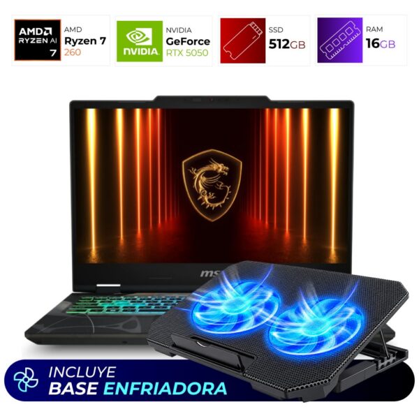 Combo Laptop + Base Enfriadora – MSI Cyborg A15 – AMD Ryzen 7 260 – 16GB – RTX5050 – 512GB – Odyssey Gray