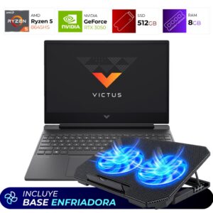 Combo Laptop + Base Enfriadora – HP Victus 15 – AMD Ryzen 5 8645HS – 8GB – RTX 3050 – 512GB
