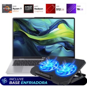 Combo Laptop + Base Enfriadora – Acer Aspire Lite – AMD Ryzen 7 5825U – 16GB – 512GB – Light Silver