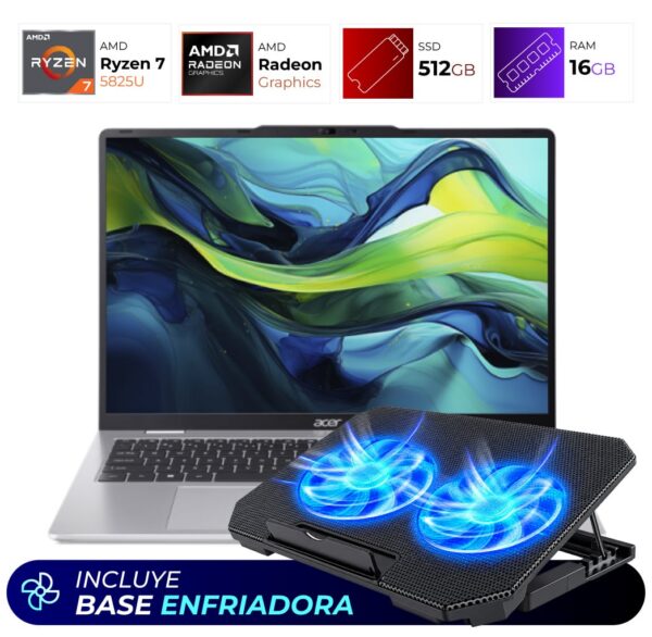 Combo Laptop + Base Enfriadora – Acer Aspire Lite – AMD Ryzen 7 5825U – 16GB – 512GB – Light Silver