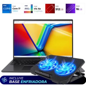 Combo Laptop + Base Enfriadora – Asus VivoBook F1605V – Intel i7 1355U – 16GB – 512GB – Indie Black