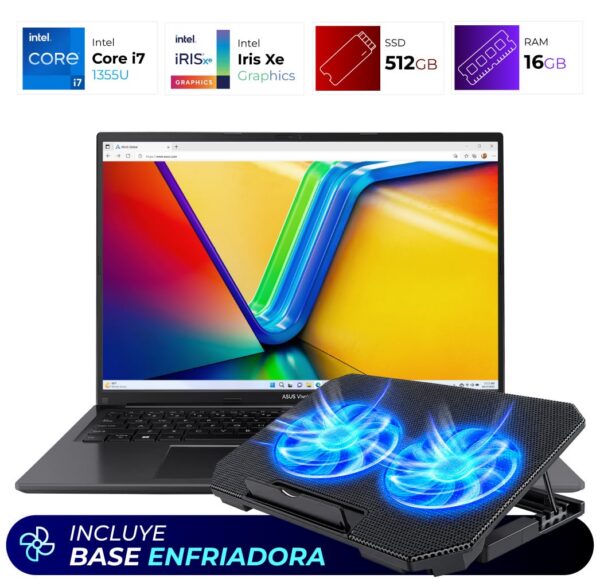 Combo Laptop + Base Enfriadora – Asus VivoBook F1605V – Intel i7 1355U – 16GB – 512GB – Indie Black