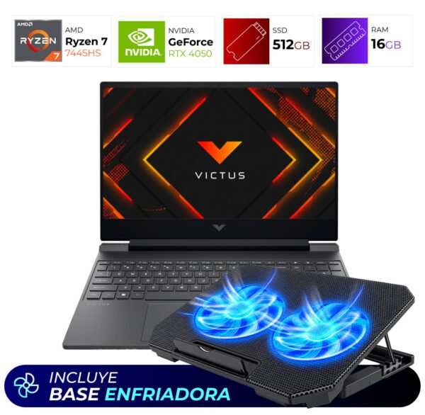 Combo Laptop + Base Enfriadora – HP Victus 15-fb3022la – AMD Ryzen 7 7445HS – 16GB – RTX 4050 – 512GB