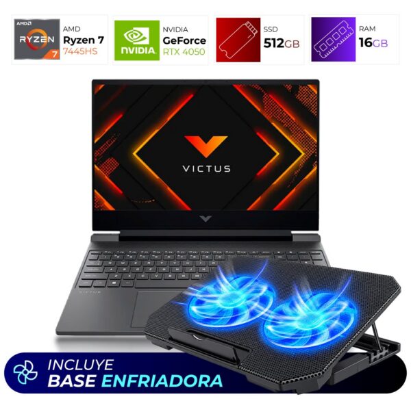 Combo Laptop + Base Enfriadora – HP Victus 15-FB3093 – AMD Ryzen 7 7445HS – 16GB – RTX 4050 – 512GB