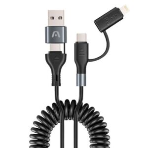 Cable Argom Dura Coil USB-A + Type-C To Type-C + Lightning 60W Fast Charce – 1.5M – Negro