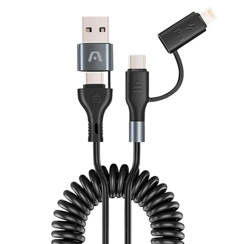 Cable Argom Dura Coil USB-A + Type-C To Type-C + Lightning 60W Fast Charce – 1.5M – Negro