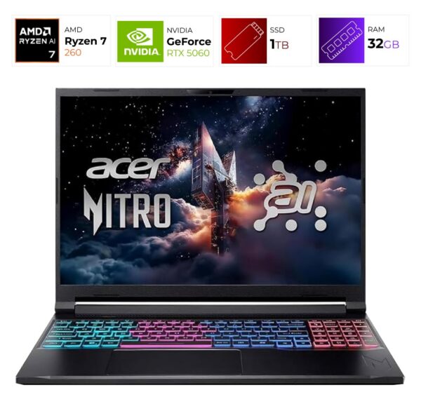 Acer Nitro V 16S Ai – Ryzen 7 260 – 32GB- RTX 5060- 1TB – Obsidian Black