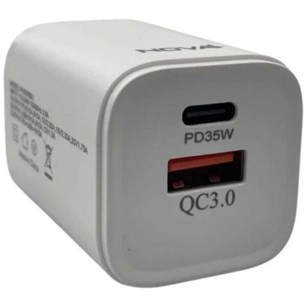 CARGADOR DE PARED NOVA PA035RBU001C 35W 1 PUERTO USB-C Y 1 PUERTO USB-A CARGA RAPIDA BLANCO