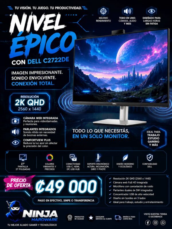 Monitor Dell 27 para videoconferencias (C2722DE) – Resolucion 2K – 27″ – 60Hz – Web Cam integrada – Parnates integrados – USADO