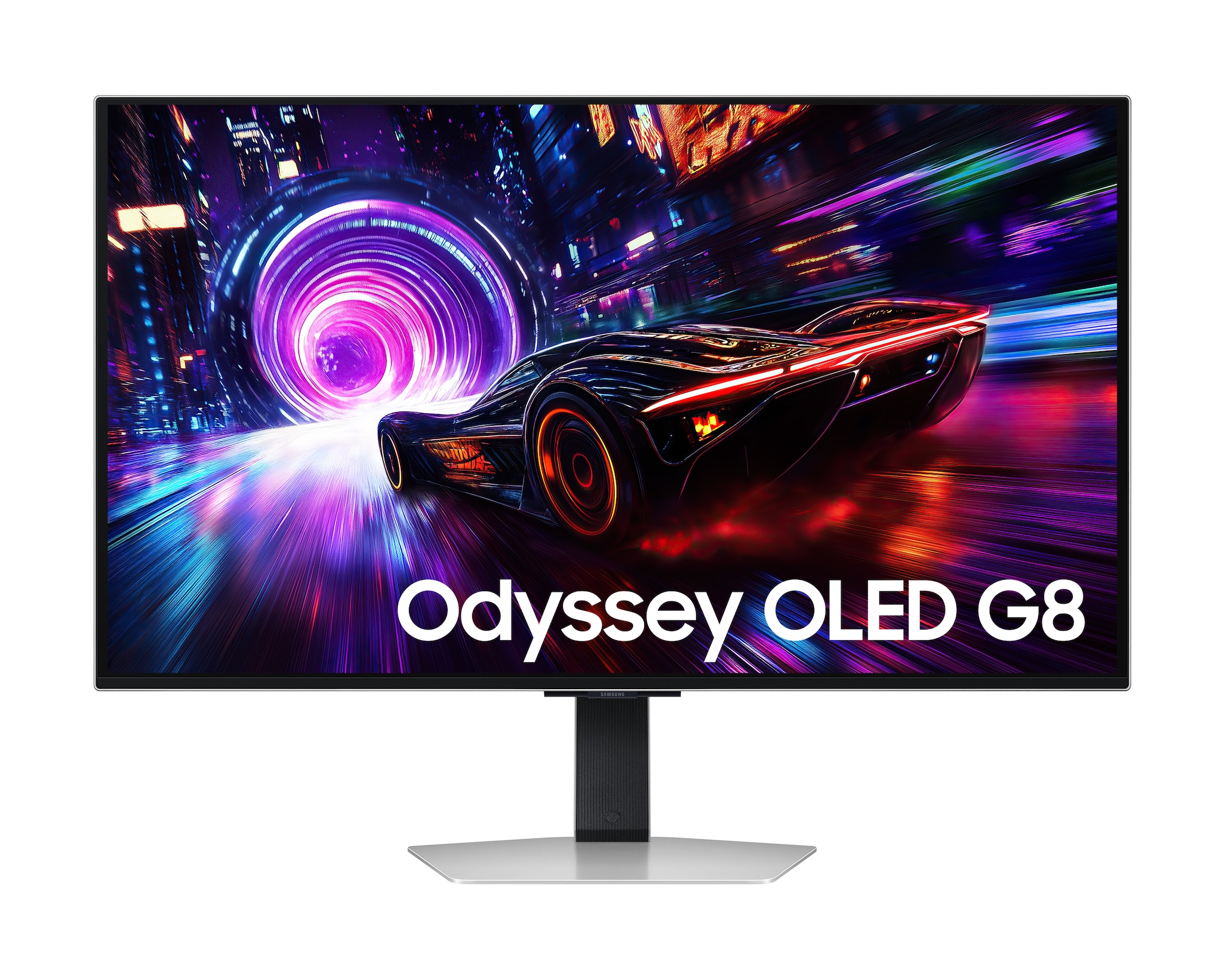 Monitor Samsung Odyssey OLED G8 G81SF de 32 pulgadas con imagen de auto futurista