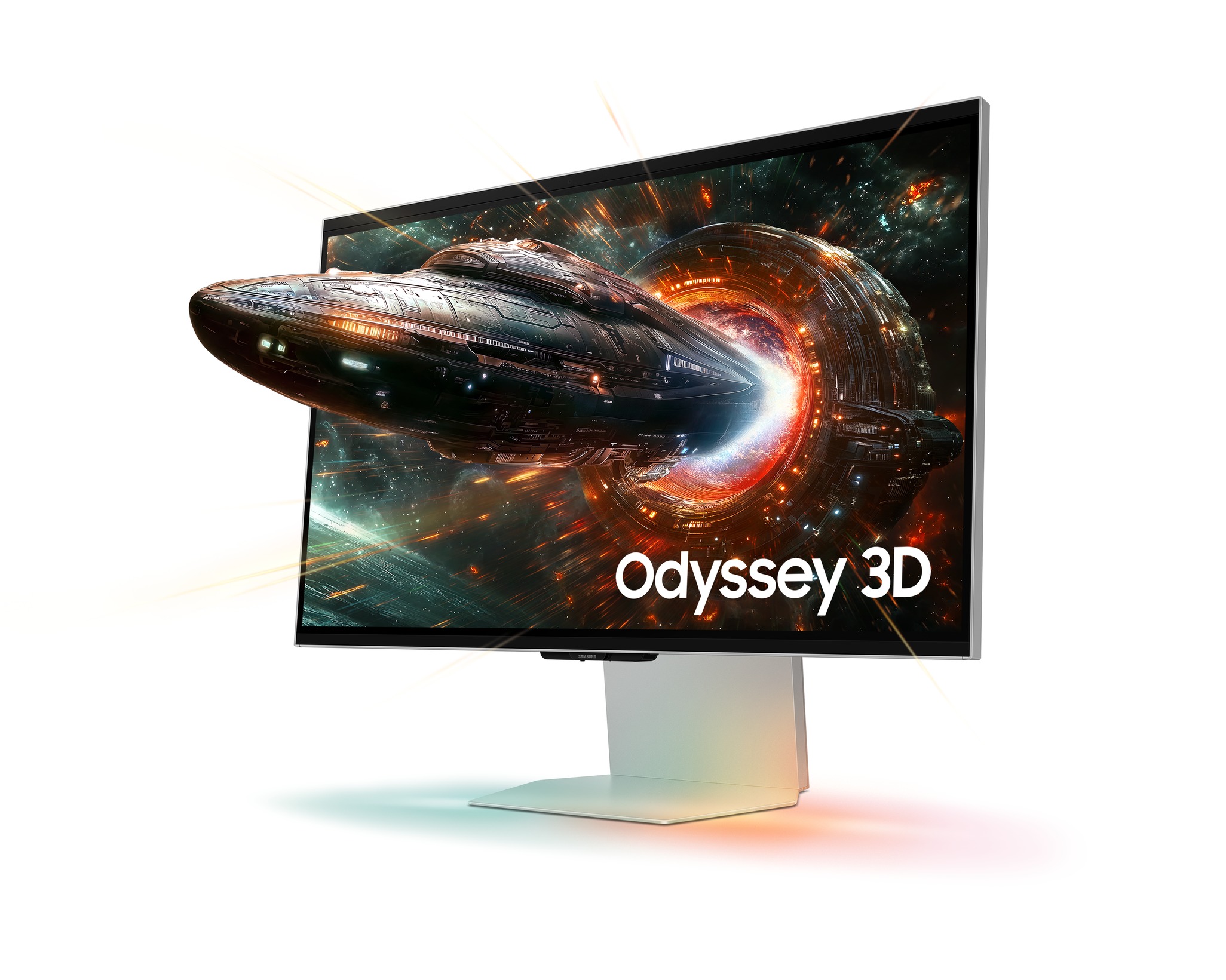Monitor Samsung Odyssey 3D G90XF de 27 pulgadas con nave espacial saliendo de la pantalla