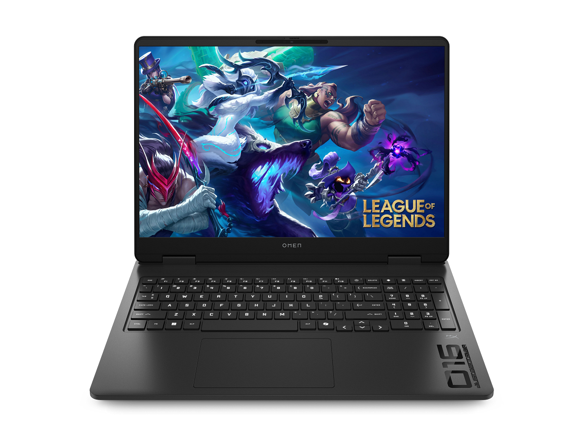 Laptop HP OMEN 16 negra abierta con teclado y pantalla de juego