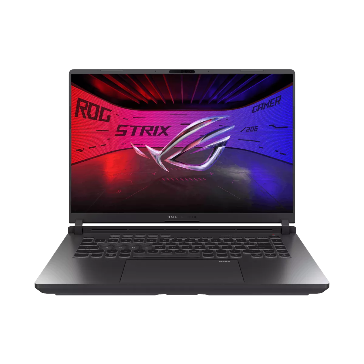 Laptop gaming ASUS ROG Strix G16 gris oscuro abierta con pantalla roja y azul