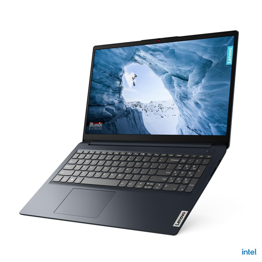 Laptop Lenovo IdeaPad 1i azul oscuro abierta en vista de tres cuartos