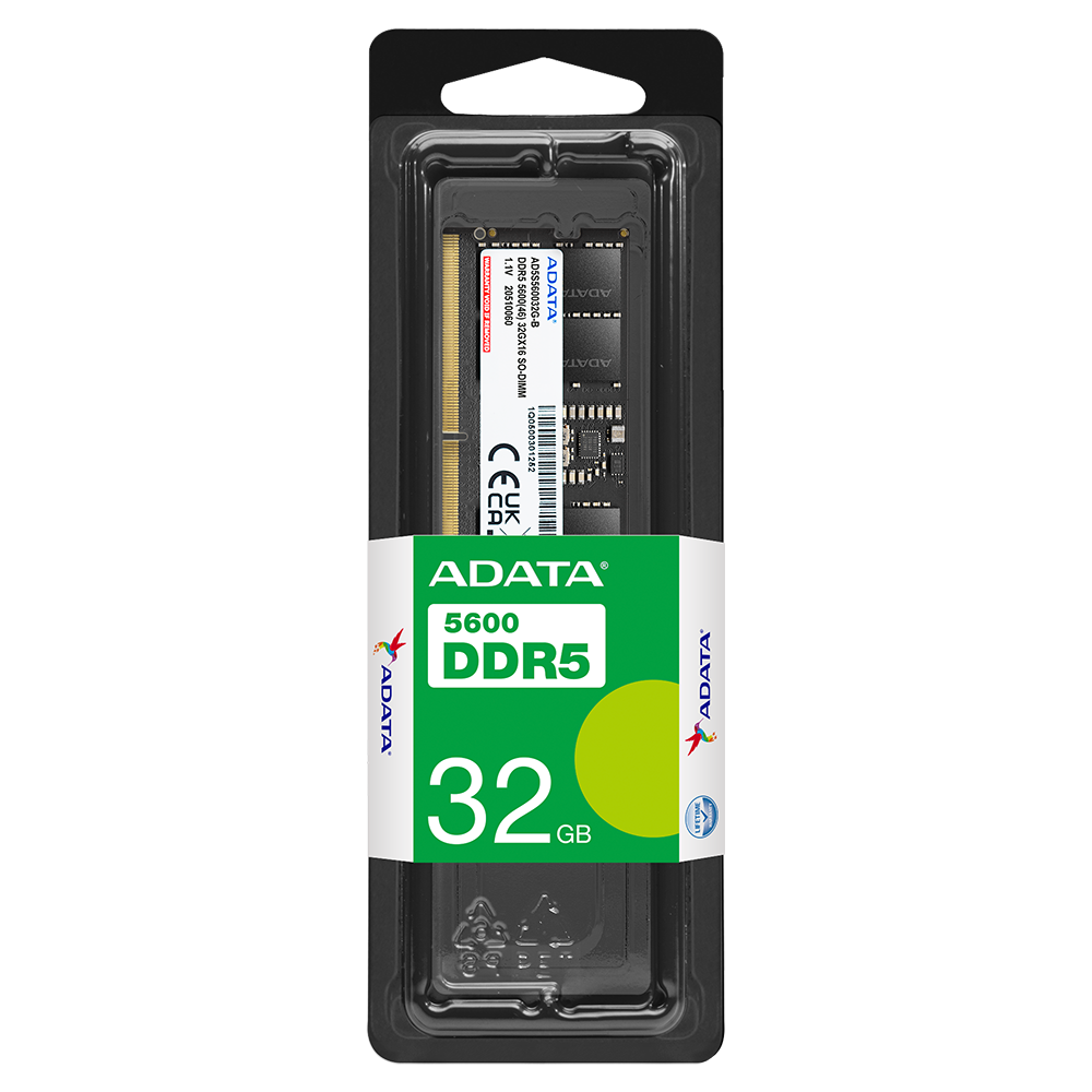 Empaque oficial ADATA DDR5-5600 SO-DIMM de 32 GB, módulo negro individual