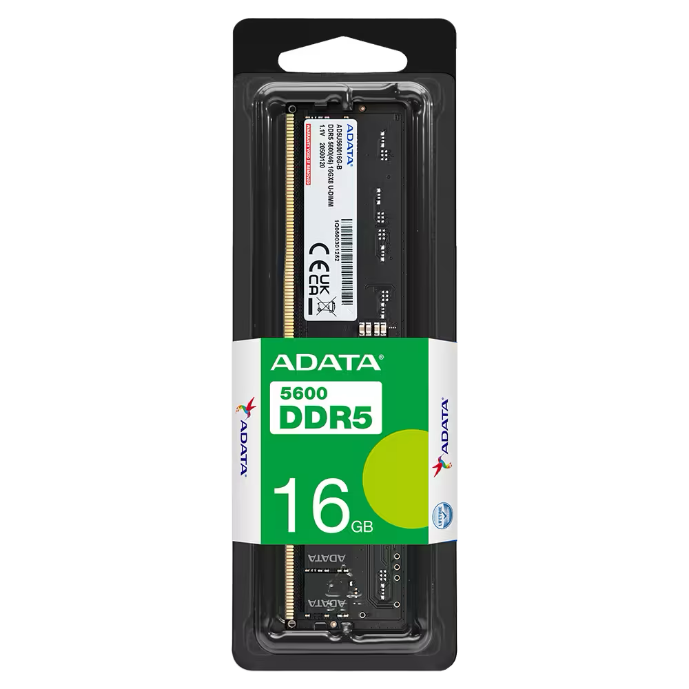 Empaque oficial ADATA DDR5-5600 U-DIMM de 16 GB, módulo negro individual