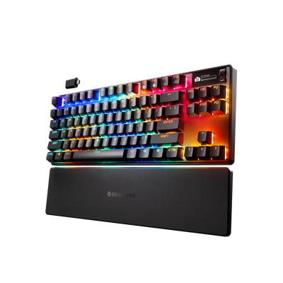 Teclado SteelSeries Apex Pro TKL Wireless Gen 3 con iluminación RGB y reposamuñecas.