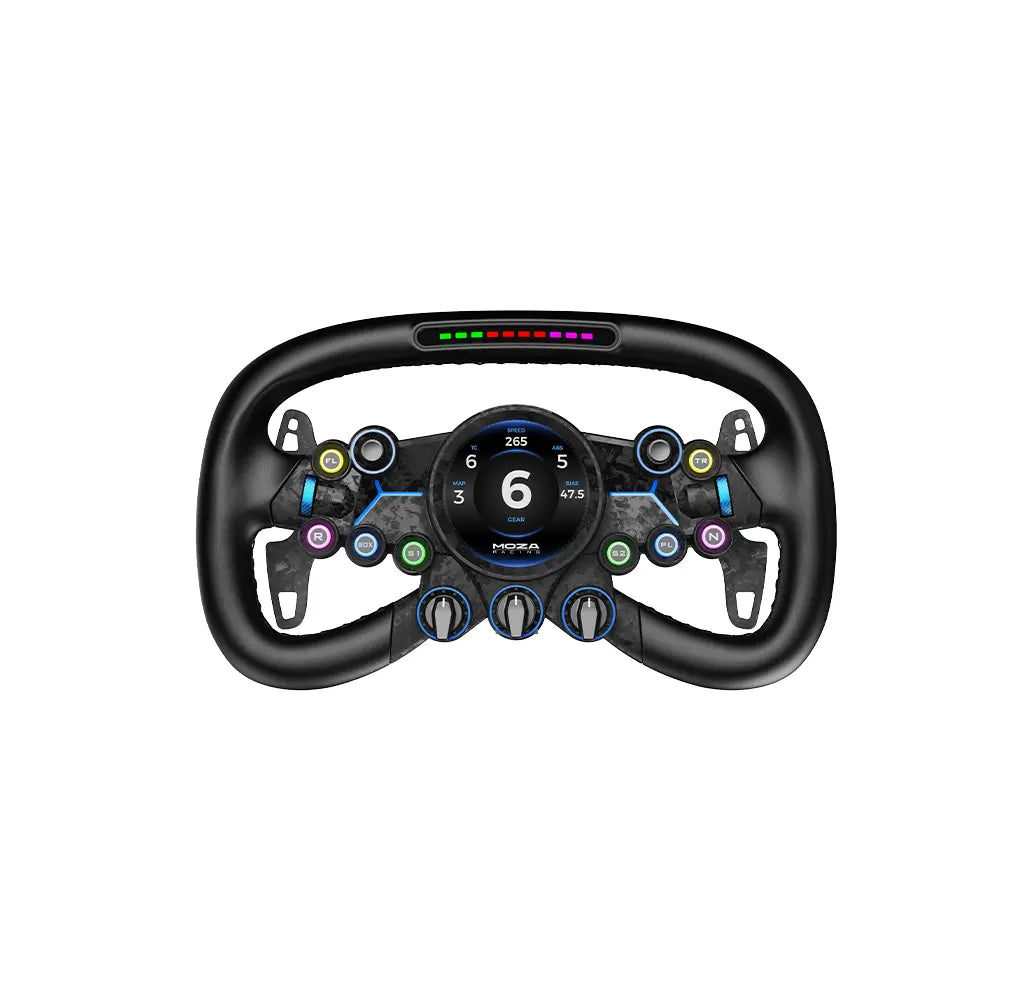 Volante MOZA Vision GS con pantalla circular y controles RGB.